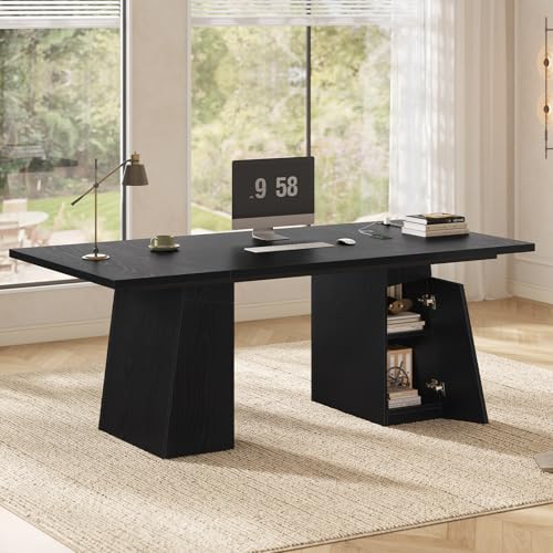 UPOSOJA 63 in Executive Desk with Power Outlets, Modern Home Office Desk with Storage Cabinet, Wood Computer Desk Business Workstation Desk Conference Table Black - color: Black, size: 63in Cabinet