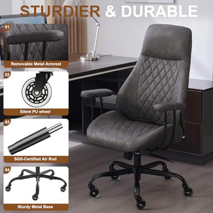 E-Motie Leather Office Chair, Mid Century Modern Desk Chair, Dark Grey - color: Dark Grey