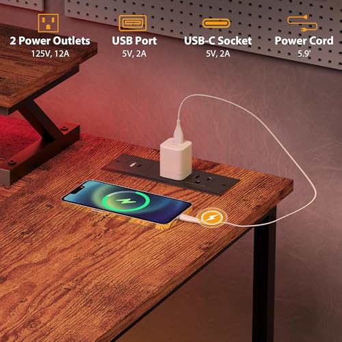 HOMCOM 58" L Shaped Gaming Desk with Power Outlets Reversible Rustic Brown | LED Lights, Computer Desk with Monitor Stand, Fabric Storage Bag, Cable Management, for Home Office