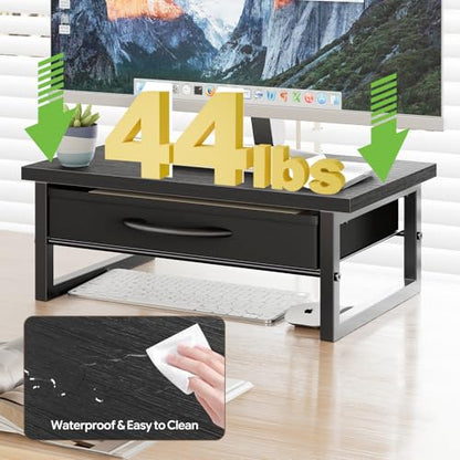 Ekisemio 2-Tier Monitor Stand with Fabric Drawer – Wood and Metal Computer Riser, Desk Organizer for Office, Black