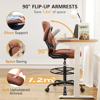 Drafting Chair, Tall Office Chair for Standing Desk, High Executive Leather Ergonomic Computer Chair with Adjustable Height and Flip-Up Armrest for Counter Height Desk, Brown, Pack of 1 - color: Brown
