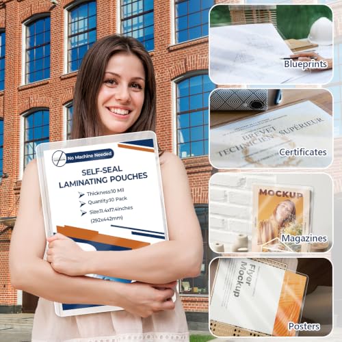 10 Pack 10 Mil 11x17" Self Sealing Laminating Pouches Self Adhesive Lamination Pouches Clear Laminate Sheets for Drawings Posters Art Prints Menu Big Certificates (No Heat & No Laminator Machine Need) - size: 11.4x17.4inch