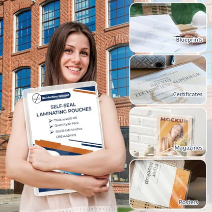 10 Pack 10 Mil 11x17" Self Sealing Laminating Pouches Self Adhesive Lamination Pouches Clear Laminate Sheets for Drawings Posters Art Prints Menu Big Certificates (No Heat & No Laminator Machine Need) - size: 11.4x17.4inch