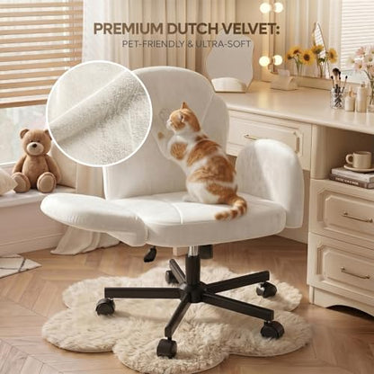 Bestier Criss Cross Office Chair with FILP-Up Armrests, White Velvet | Rocking Recline,Swivel Makeup Vanity Chair with 5-Level Folding Armrest, Cross Legged Desk, Adjustable Height Swivel Chair - color: White Velvet