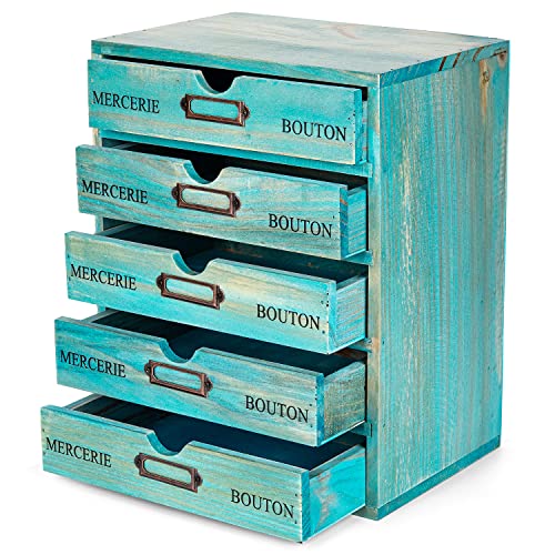 Turquoise 5-Tier Drawer Desktop Curio Cabinet - French Farmhouse Country Desk Organizer Box - Wooden Stackable Shelves - Teal Countertop Shelf w/Label Holder - 5-Level File Drawer Unit - style: 5 Drawer I 12.2"
