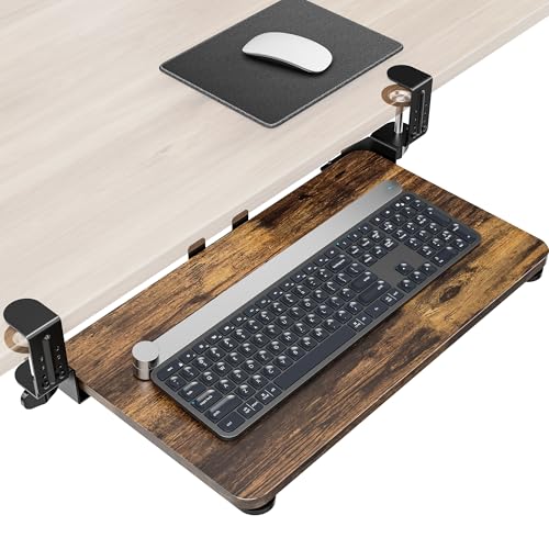 Ergonomic Mouse & Keyboard Tray Under Desk, 20x11.8 in Board, Brown | Heavy Duty Keyboard Drawer, Adjustable Height C-Clamp, Slide-Out Platform, Desk Accessories for Typing, 25.9" Including Clamp - color: Rustic Vintage Brown, size: Small