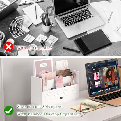 Wisuce Bamboo Mail Organizer with Drawer, Countertop Desk Organizer(White) | Made from Natural Bamboo Multi-Compartment Design Built-In Drawer No Assembly Required - color: 1 White