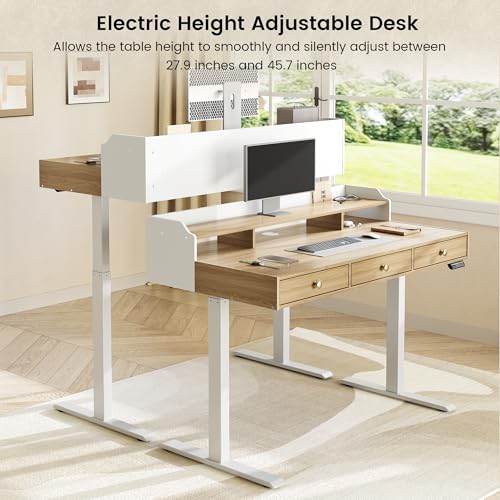 Electric Standing Desk with 3 Drawers & Monitor Shelf | 47.2 x 26 Inch Height Adjustable Standing Desk, Sit Stand Desk with Storage, 176 Lbs Capacity, Home Office, Light Walnut - color: Light Walnut