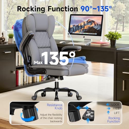 Ergonomic Executive PU Leather Office Chair with Lumbar Support, Home Office Desk Chair for Back Pain Relief, 135° Recline - color: Grey