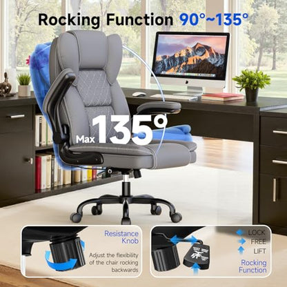 Ergonomic Executive PU Leather Office Chair with Lumbar Support, Home Office Desk Chair for Back Pain Relief, 135° Recline - color: Grey