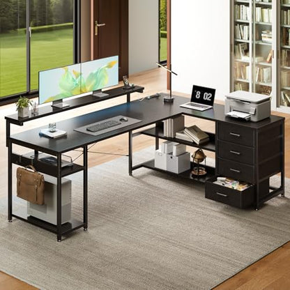 AODK 61 Inch L Shaped Computer Desk with 4 Drawers, LED Lights, Black - color: Black, size: 61 inches