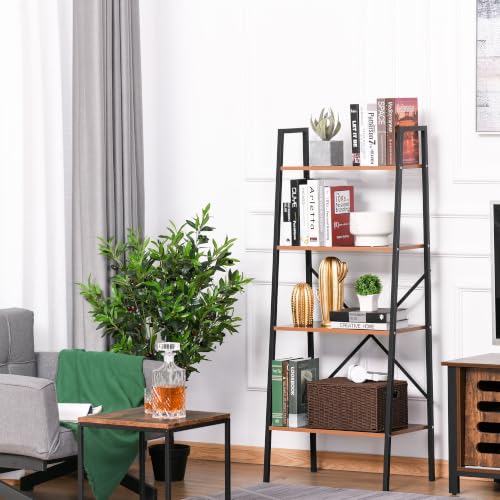 HOMCOM Ladder Shelf Bookshelf, 4 Tier, Wood Metal Frame, Distressed Brown