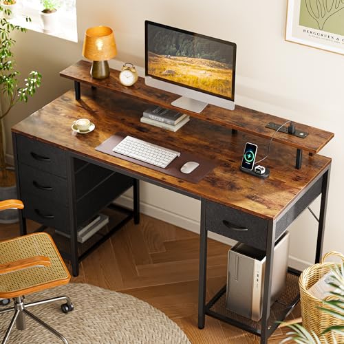 Huuger 55 inch Computer Desk with Power Outlets & 4 Drawers - color: Rustic Brown, size: 55 Inch