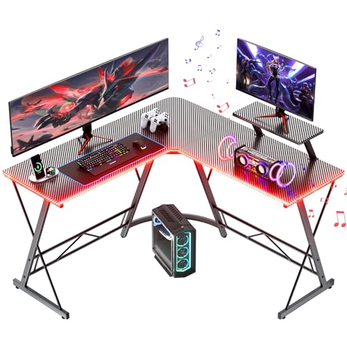 Mr IRONSTONE Gaming Desk with LED Lights and Speakers, L Shaped Desk Corner with Cup Holder & Headphone Hook, Computer Desk Home Office Desks with Monitor Stand, Carbon Fiber Surface, Black 51 Inch - color: Infinite Black, size: 51Inch