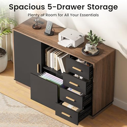 47.2" File Cabinet with 5 Drawer & Door, Charging Station | Office Storage Cabinet with Adjustable Shelves, Fits A4/Letter Size, Printer Stand with Storage for Home Office, Black Walnut