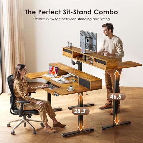 OffiGo 55 Inch U Shape Standing Desk, Keyboard Tray & Drawers, Rustic Brown - color: Rustic Brown With Drawers, size: 55 Inch