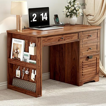 Ieejdn 47" Home Office Desks, Executive Desk, Farmhouse Computer Desk with Drawers and Charging Station, File Drawer, Storage Cabinet, Rustic Computer Writing Desk,Antique Brown - color: Brown, size: 47.24"