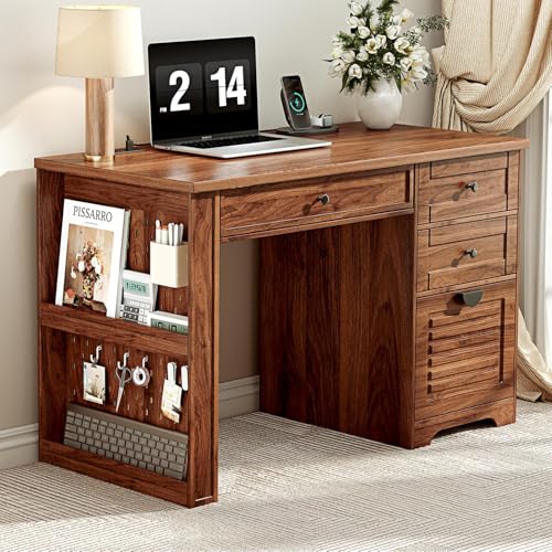 Ieejdn 47" Home Office Desks, Executive Desk, Farmhouse Computer Desk with Drawers and Charging Station, File Drawer, Storage Cabinet, Rustic Computer Writing Desk,Antique Brown - color: Brown, size: 47.24"