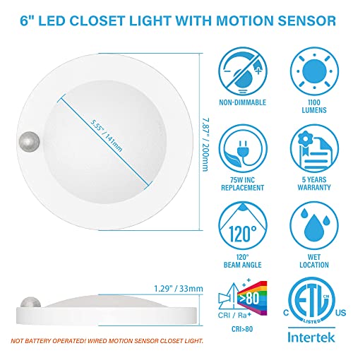 ZAGO LED 6" 120 Volts Closet Light Wired, PIR Motion Sensor Ceiling Disc Light, 15W, 1100 Lumens, CRI>80, 5000K Daylight White for Closet, Laundry, Garage, Pantry, Wet Location, ETL, White, 2 Packs - color: White-5000K-2Packs