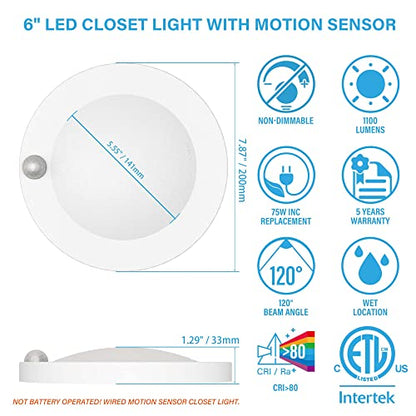 ZAGO LED 6" 120 Volts Closet Light Wired, PIR Motion Sensor Ceiling Disc Light, 15W, 1100 Lumens, CRI>80, 5000K Daylight White for Closet, Laundry, Garage, Pantry, Wet Location, ETL, White, 2 Packs - color: White-5000K-2Packs