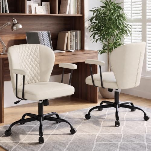 MALOL Leather Office Chair Set of 2 with Removable Arms, Beige | Modern Comfortable Desk Chair with Wheels, Adjustable Ergonomic Computer Office Chairs for Desk with Lumbar Support - color: Beige, size: Set of 2
