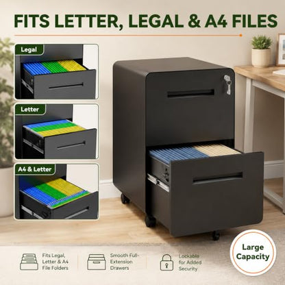 SAWJEC 2 Drawer File Cabinet with Lock, Fully Assembled Mobile Cabinet - color: 04b-black