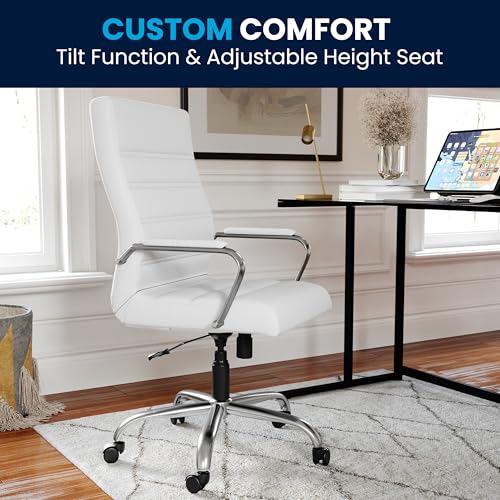 Flash Furniture Whitney High-Back Swivel LeatherSoft Desk Chair with Padded Seat and Armrests, Adjustable Height Padded Office Chair, White/Chrome | 360° Swivel, Height Adjustable, Commercial Grade - color: White Leathersoft/Chrome Frame