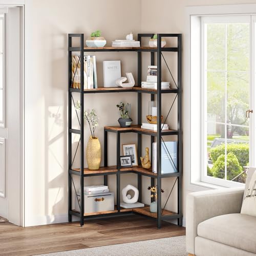 Corner Bookshelf, 5-Tier L-Shaped Bookcase, Corner Shelf with Metal Frame, Industrial Tall Display Shelf, for Living Room, Home Office, Bedroom, Rustic Brown TSJ12BF