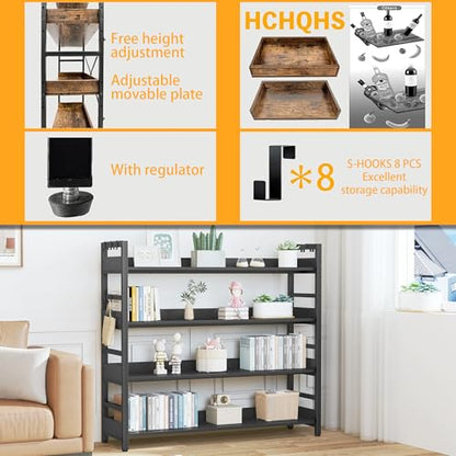 HCHQHS Bookshelf, Adjustable Industrial Bookcase, Vertical Tall Book Shelf, Wood and Black Metal Open Bookshelves for Home Office, Living Room, Bedroom (Black, 4-Tier (47" W x 44" H)) - color: Black, size: 4-Tier (47"W x 44"H)
