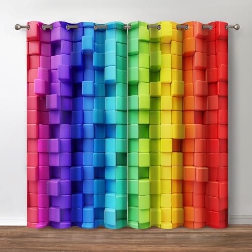 Colorful Rainbow Blackout Curtains 2 Panel Set, 52"x63" | Colored 3D Looking Brick Block Contour Display Geometric Artisan Decor Home Bedroom Living Room Grommet Window Drapes - color: Colorful Brick, size: 52"W x 63"L (Pack of 2)