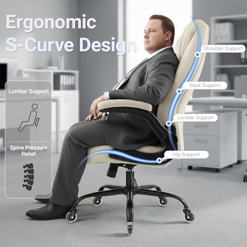 Big and Tall Office Chair for Heavy People, 400LBS High Back Extra Wide Executive PU Leather Office Chair with Flip-Up Armrests, Quiet Rubber Wheels, Comfortable Home Office Desk Chair (White) - color: White - Rubber Wheels