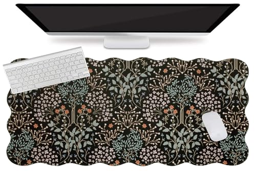 L-SPOUTTO Black Mouse Pad,Scalloped Desk Mat XXL Botanical Gaming Mousepad | 35.4x15.7in Large Non-Slip Base Keyboard Pad Waterproof Desktop Mat for Laptop Computer Game Home Office,Seamless Plants - color: Plants