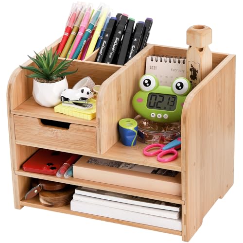 Frcctre Bamboo Desktop Organizer with Drawer, 3 Tier Wooden Desk File Document Organizer with Pen Holder, Tabletop Stationery Storage Organizer Storage Rack for Desk Accessories, Office Supplies
