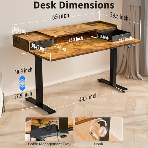 Kingant Standing Desk with Dual Drawers,Electric Height Adjustable 55"x 30" | Built-in USB A&C Charging ports Large Workstation, Heavy-Duty Sit Stand Up Desk For Home Office Daily Work,Rustic Brown - color: Rustic Brown, size: 55" x 30"