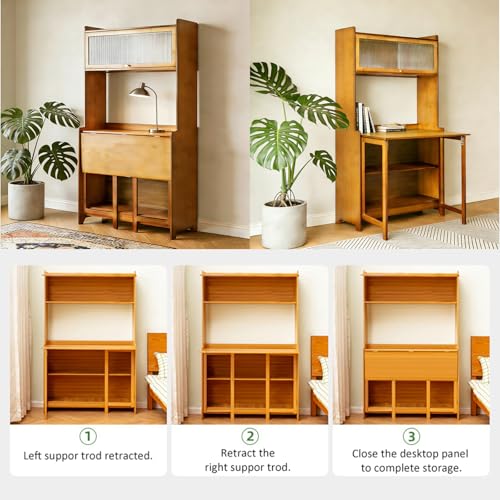 Folding Desk with Storage, Bamboo Foldable Computer Desk for Small Spaces, Small Writing Desk with Shelves for Bedroom Dorm Home Office