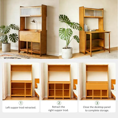 Folding Desk with Storage, Bamboo Foldable Computer Desk for Small Spaces, Small Writing Desk with Shelves for Bedroom Dorm Home Office