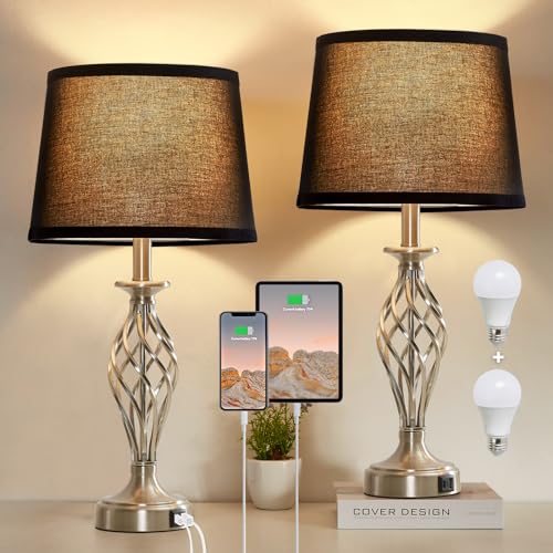 Table Lamp for Bedroom Set of 2 with USB C+A Ports,Modern Night Stand Lamps - color: Silver Base + Black Lampshade