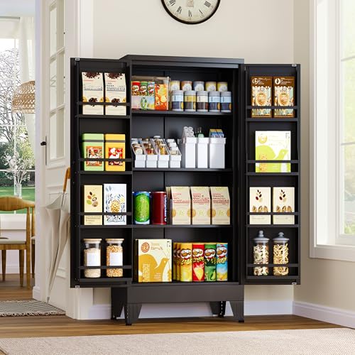 GAIOUS Metal Kitchen Pantry Cabinet, Storage Cabinets with 2 Door and 3 Adjustable Shelves, Black Freestanding Food Storage Cabinet, Steel Cupboard for Kitchen Dinning Room - color: Black, size: 13.78"D x 27.56"W x 47.24"H