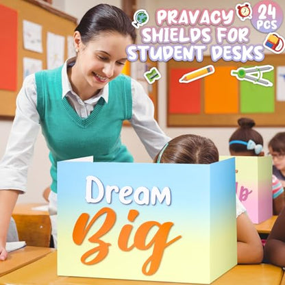 Honoson 24 Pcs Inspirational Privacy Folders for Students | Cardboard Desk Shields with Motivational Words, 6 Designs for Classroom Study, Tri-fold Exam Dividers, Bulk Test Boards - style: Macaron