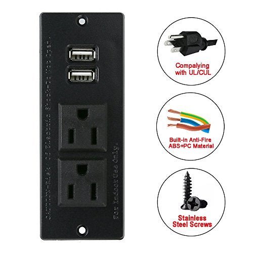 Desktop Power Strip with 2 Outlets 2 USB 2.1A Insert Mounting Built in Desk Table Sofa Cabinet Nightstand - color: Black