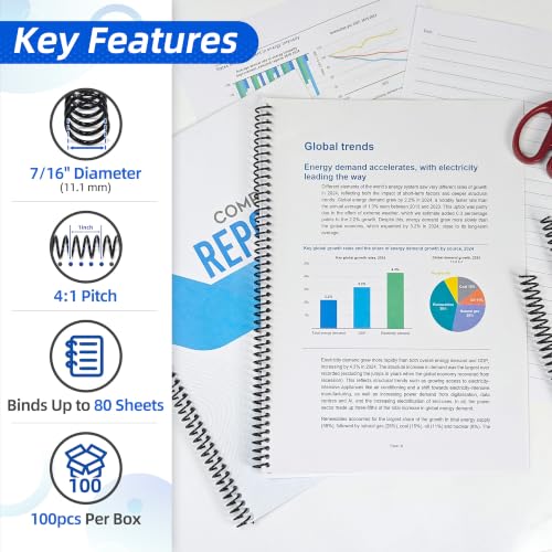 RAYSON 7/16" Plastic Spiral Binding Coils, 11.1mm Diameter, 4:1 Pitch, 80 Sheet Capacity, Black Coil Binding Spines for Business & School Use, 100 Pack - size: 7/16" (80 Sheets Capacity)