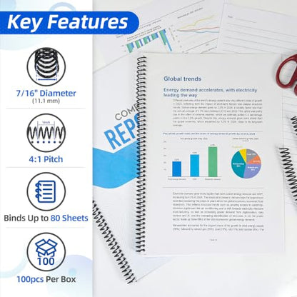 RAYSON 7/16" Plastic Spiral Binding Coils, 11.1mm Diameter, 4:1 Pitch, 80 Sheet Capacity, Black Coil Binding Spines for Business & School Use, 100 Pack - size: 7/16" (80 Sheets Capacity)