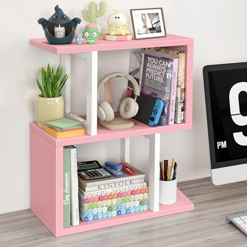 Desktop Bookshelf for Top of Desk Shelf - Pink Book Organizer 3-Tier Shelves Storage Small Bookcase Hutch for Dorm Office College - color: Pink