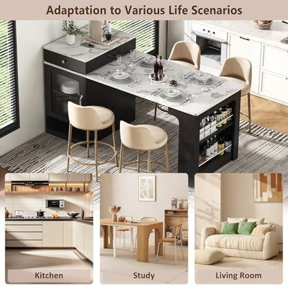 59.5 Inch Kitchen Island with Extendable Dining Table, Black | Black finish, MDF and particle board, kitchen or dining room, extendable table, 2 drawers, glass door, outlet, 59.5 in L - color: Black + Faux Marble Table + Particle Board+mdf