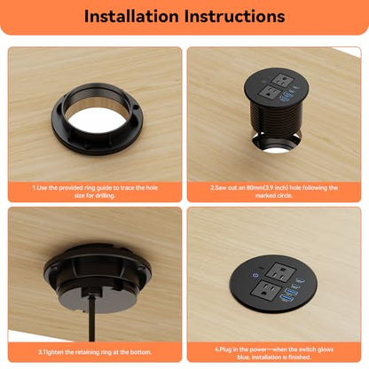 3-1/8" Desktop Power Grommet with Overload Protection Switch, 2 PD 20W USB-C Fast Charging, 2 QC3.0 18W USB-A, Recessed Outlet, Flush-Mount Power Grommet for Home Office