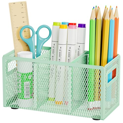 Marbrasse Mesh Pen Holder for Desk, Pencil Holder Desk Organizer 3 Adjustable Compartments, Pencil Cup with Handle Perfect for Classroom, Office, Home, Makeup, Art (Green) - color: Green