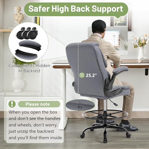 500LBS Drafting Chair, High Back Safer Standing Desk Chair, Executive Tall Office Chair with Flip-up Armrests, Upholstered PU Leather Task Chair, Ergonomic Seat with Adjustable Height&Foot Ring, Grey - color: Grey