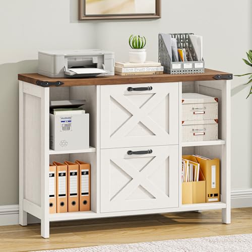 Farmhouse Lateral File Cabinet with 2 Drawers and Shelves, Rustic White | Halitaa Lateral Filing Cabinet Fits Letter or A4 Size, Wood Printer Stand with Open Storage Adjustable Shelf for Home Office - color: Plain White and Brown