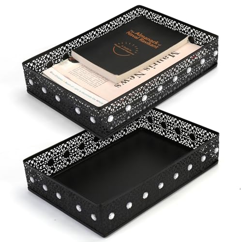Desk Drawer Organizer, A4 Large Metal Mesh Desk Organizer Tray, Carved Hollow Floral Desk Tray, Versatile Storage Box Set for Office Home Supplies,13x9x3 inches (Rhinestones,2 PCS) - color: Rhinestones