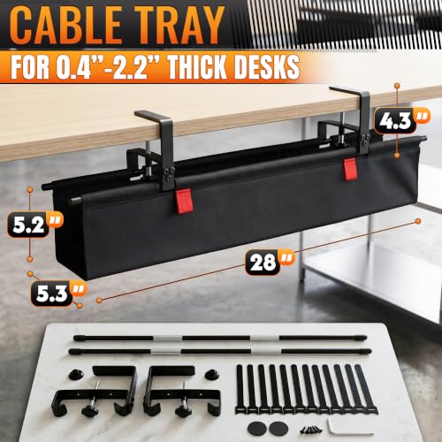 Under Desk Cable Management Tray 28" — No Drill Clamp-On Cord Organizer for Desk with Built-in Ties, Heavy Duty Metal Clamp, Foldable 600D Oxford Fabric for Home Office, WFH & Gaming PC Setup (Black) - color: Black